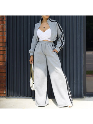 Striped Trim Jacket Wide Leg Pant Sets