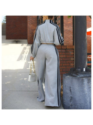 Striped Trim Jacket Wide Leg Pant Sets