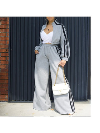 Striped Trim Jacket Wide Leg Pant Sets