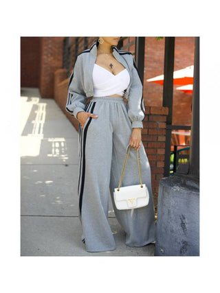 Striped Trim Jacket Wide Leg Pant Sets