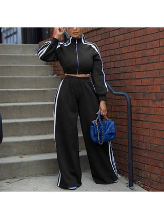 Striped Trim Jacket Wide Leg Pant Sets