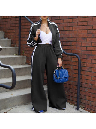 Striped Trim Jacket Wide Leg Pant Sets