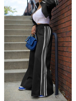 Striped Trim Jacket Wide Leg Pant Sets