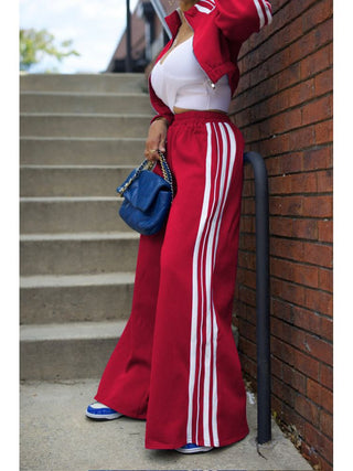 Striped Trim Jacket Wide Leg Pant Sets