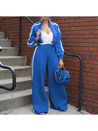 Striped Trim Jacket Wide Leg Pant Sets