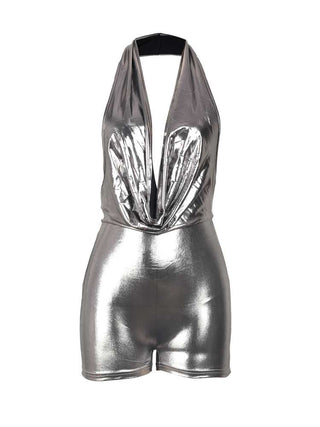 Metallic Ruched Deep V Neck Backless Rompers