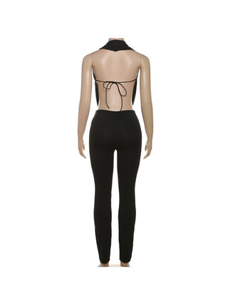 Wing Neck Backless Lace Up Pant Sets