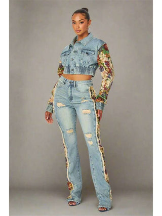 Flower Denim Jacket Ripped Jeans Sets