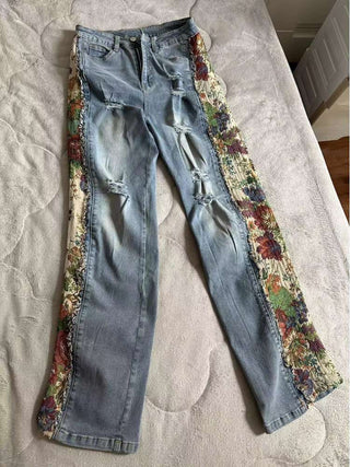 Flower Denim Jacket Ripped Jeans Sets