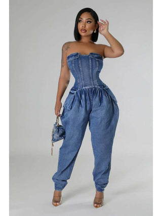 Ruched Denim Fitted Strapless Jumpsuits