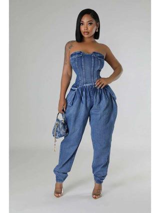 Ruched Denim Fitted Strapless Jumpsuits