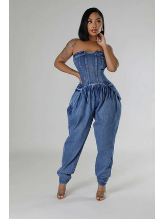 Ruched Denim Fitted Strapless Jumpsuits