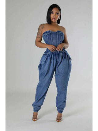 Ruched Denim Fitted Strapless Jumpsuits