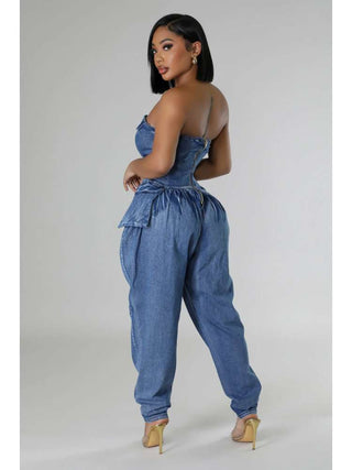 Ruched Denim Fitted Strapless Jumpsuits