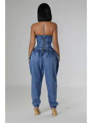 Ruched Denim Fitted Strapless Jumpsuits