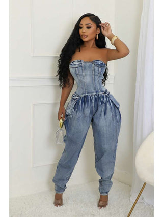 Ruched Denim Fitted Strapless Jumpsuits