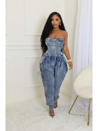 Ruched Denim Fitted Strapless Jumpsuits