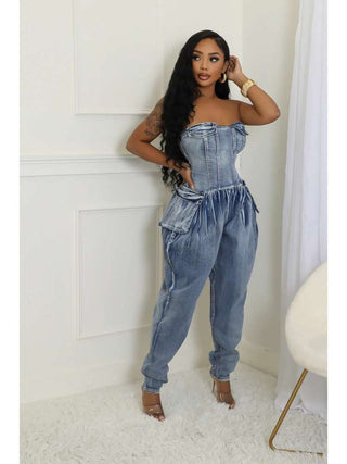 Ruched Denim Fitted Strapless Jumpsuits