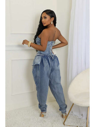 Ruched Denim Fitted Strapless Jumpsuits