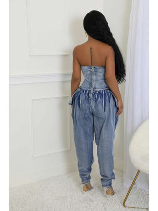 Ruched Denim Fitted Strapless Jumpsuits