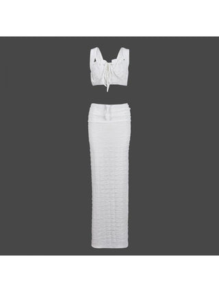 White Lace Up Pleated Sleeveless Skirt Sets