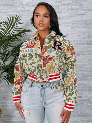 Floral Jacquard Weave Embroidery Bomber Jacket