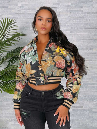 Floral Jacquard Weave Embroidery Bomber Jacket