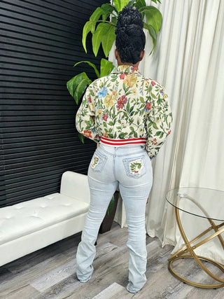 Floral Jacquard Weave Embroidery Bomber Jacket