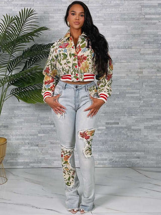 Floral Jacquard Weave Embroidery Bomber Jacket