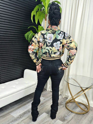 Floral Jacquard Weave Embroidery Bomber Jacket