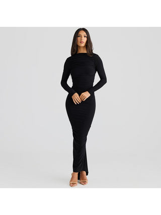 Pullover Ruched Backless Long Sleeve Maxi Dress