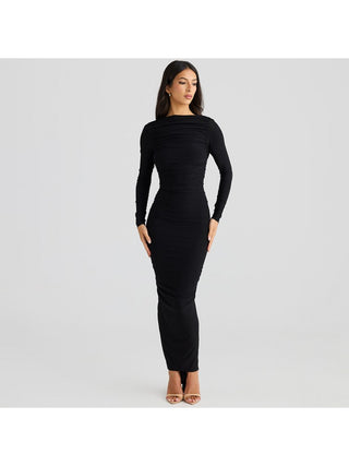 Pullover Ruched Backless Long Sleeve Maxi Dress