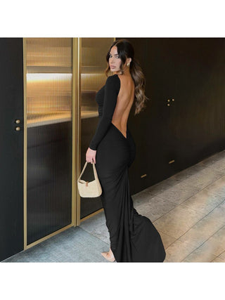 Pullover Ruched Backless Long Sleeve Maxi Dress