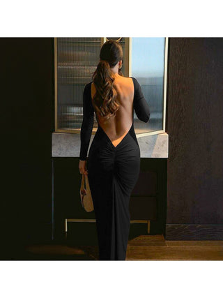 Pullover Ruched Backless Long Sleeve Maxi Dress