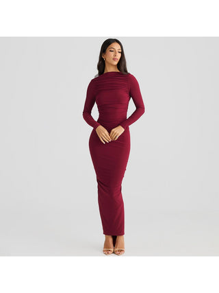 Pullover Ruched Backless Long Sleeve Maxi Dress