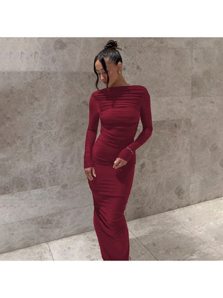 Pullover Ruched Backless Long Sleeve Maxi Dress