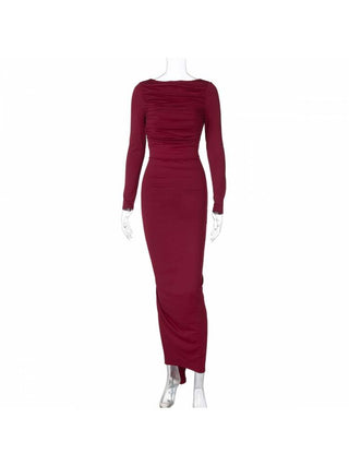 Pullover Ruched Backless Long Sleeve Maxi Dress