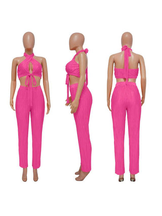 Tie-wrap Halter Backless Cropped Pant Sets