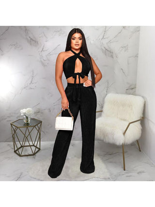 Tie-wrap Halter Backless Cropped Pant Sets