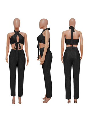 Tie-wrap Halter Backless Cropped Pant Sets