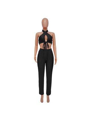 Tie-wrap Halter Backless Cropped Pant Sets