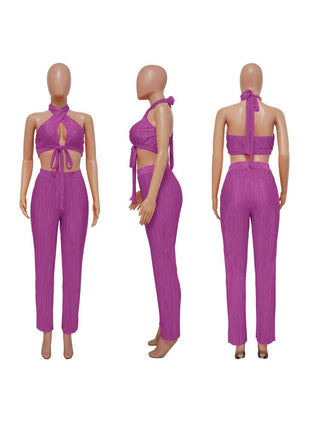 Tie-wrap Halter Backless Cropped Pant Sets