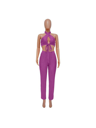 Tie-wrap Halter Backless Cropped Pant Sets