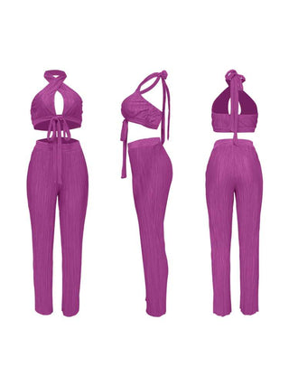 Tie-wrap Halter Backless Cropped Pant Sets