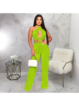 Tie-wrap Halter Backless Cropped Pant Sets