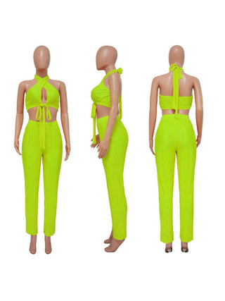 Tie-wrap Halter Backless Cropped Pant Sets