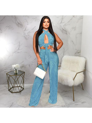 Tie-wrap Halter Backless Cropped Pant Sets