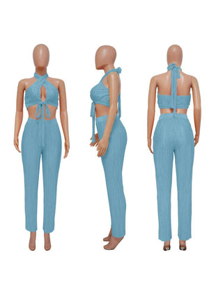 Tie-wrap Halter Backless Cropped Pant Sets