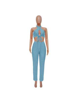 Tie-wrap Halter Backless Cropped Pant Sets