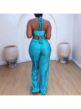 Metal Buckle Tie-wrap Halter Backless Pant Sets